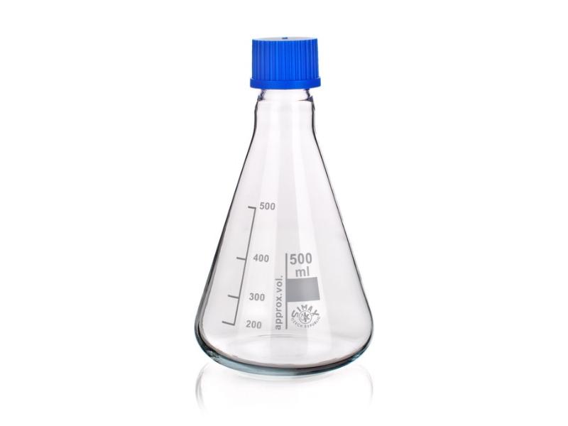 Banka kužeľová 8023/ 500ml so závitom GL32, modrý PP uzáver